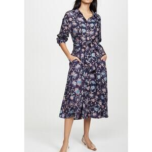 Xirena Ever Shirt Dress Blue Silk Cotton‎ Floral Button Front Long Sleeve Sz S